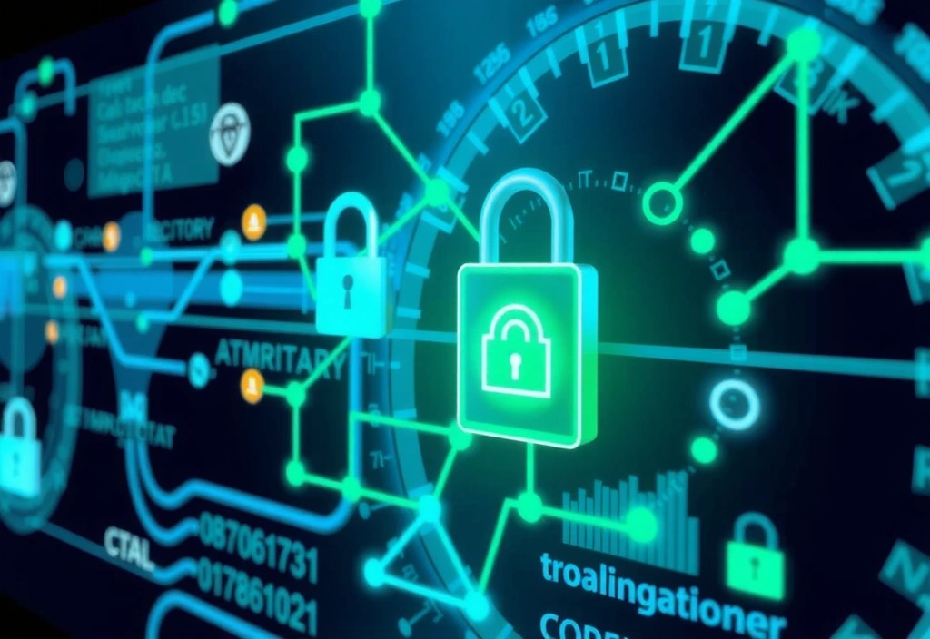 Security and privacy protection features with lock icons and encryption visualization